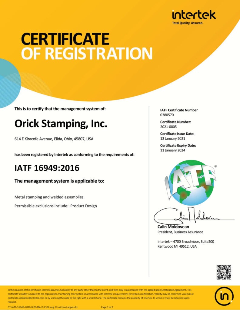 Orick Stamping IATF Certificate